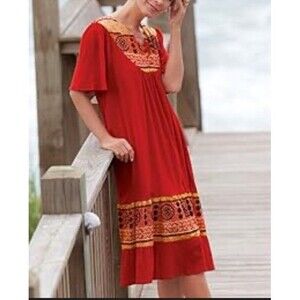 Vtg National since 1952 Red Orange Boho Print Muumuu Dress Sz L Pockets India